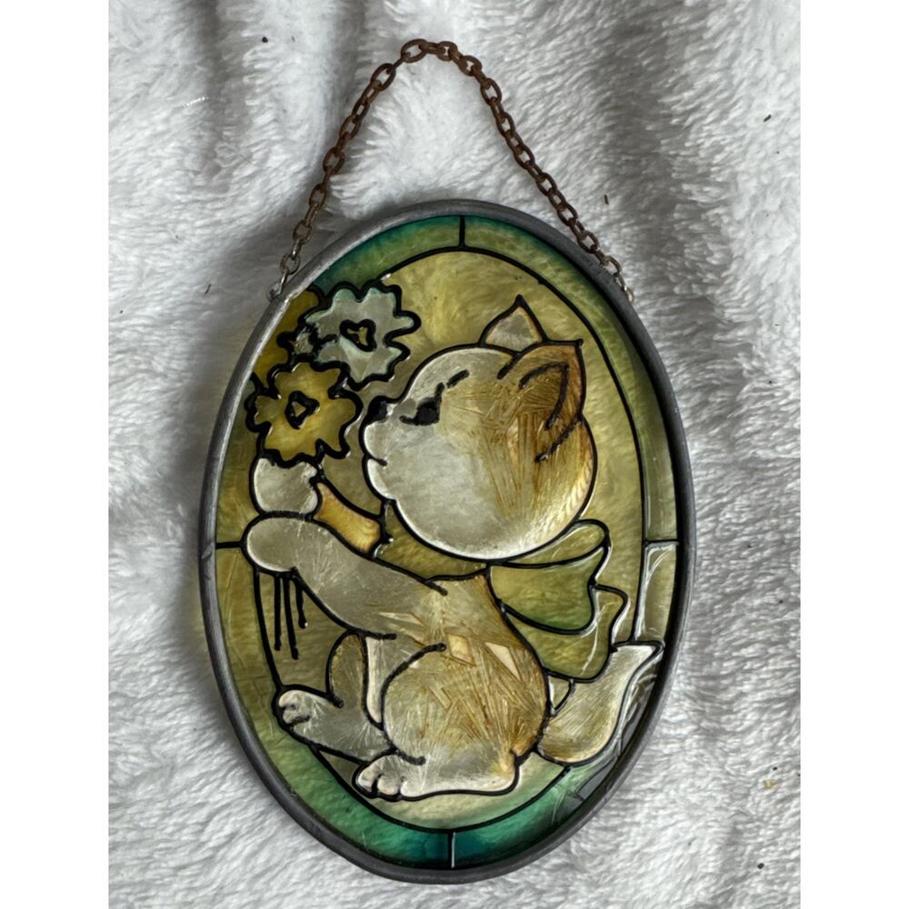 VTG Joan Baker Designs Hand-Painted Tiffany Cat Kitten Stained Glass Suncatcher